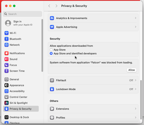 System software from application Falcon screenshot