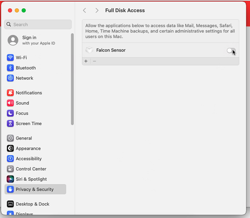 Full Disk Access Falcon Sensor screenshot